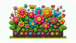 Cartoon Flower Garden with Smiling Faces and Butterflies