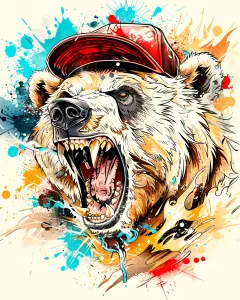 Colorful Illustration of Roaring Bear Wearing a Red Cap