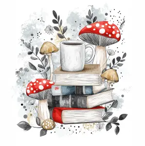 Stack of Books with Coffee Mug and Colorful Mushrooms Illustration