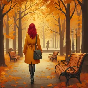 Woman in Yellow Coat Walking Through Autumn Park