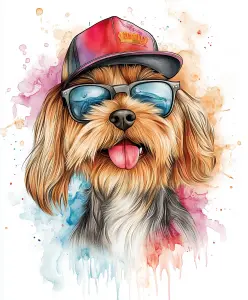 Stylish Yorkshire Terrier Wearing Sunglasses and Red Cap