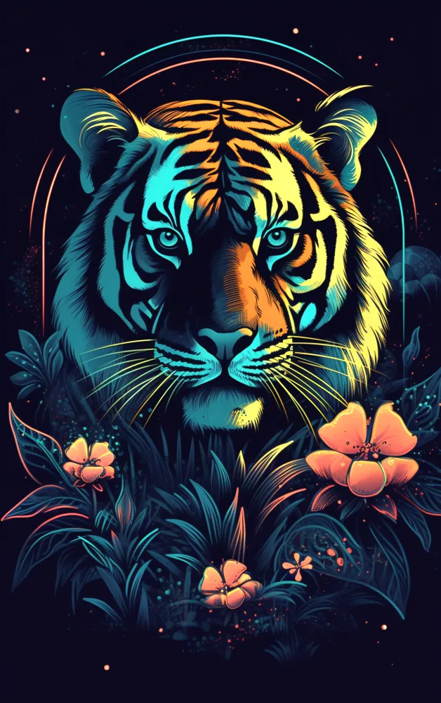 Glowing Neon Tiger Portrait with Floral Accents