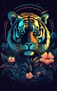 Glowing Neon Tiger Portrait with Floral Accents