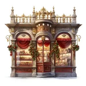 Ornate Vintage Christmas Shopfront Decorated with Seasonal Greenery and Red Curtains