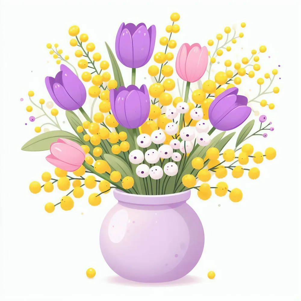 Illustration of Tulip and Mimosa Flowers in Vase