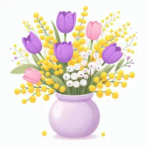 Illustration of Tulip and Mimosa Flowers in Vase