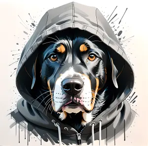 Digital Art of a Rottweiler Dog Wearing a Gray Hoodie