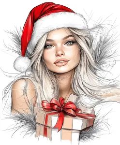Holiday Portrait of Woman in Santa Hat with Gift