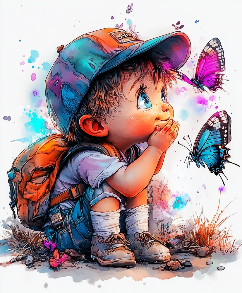Curious Toddler Watching Colorful Butterflies
