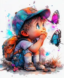 Curious Toddler Watching Colorful Butterflies