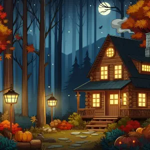 Cozy Autumn Cabin in Moonlit Forest