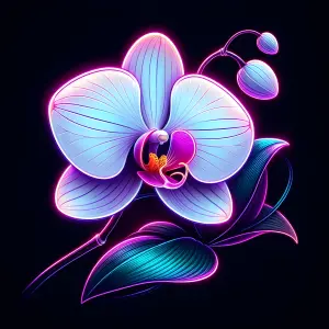 Neon Glowing Orchid Flower with Vibrant Blue and Purple Leaves