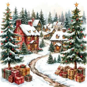 Snowy Christmas Village with Decorated Trees and Gifts