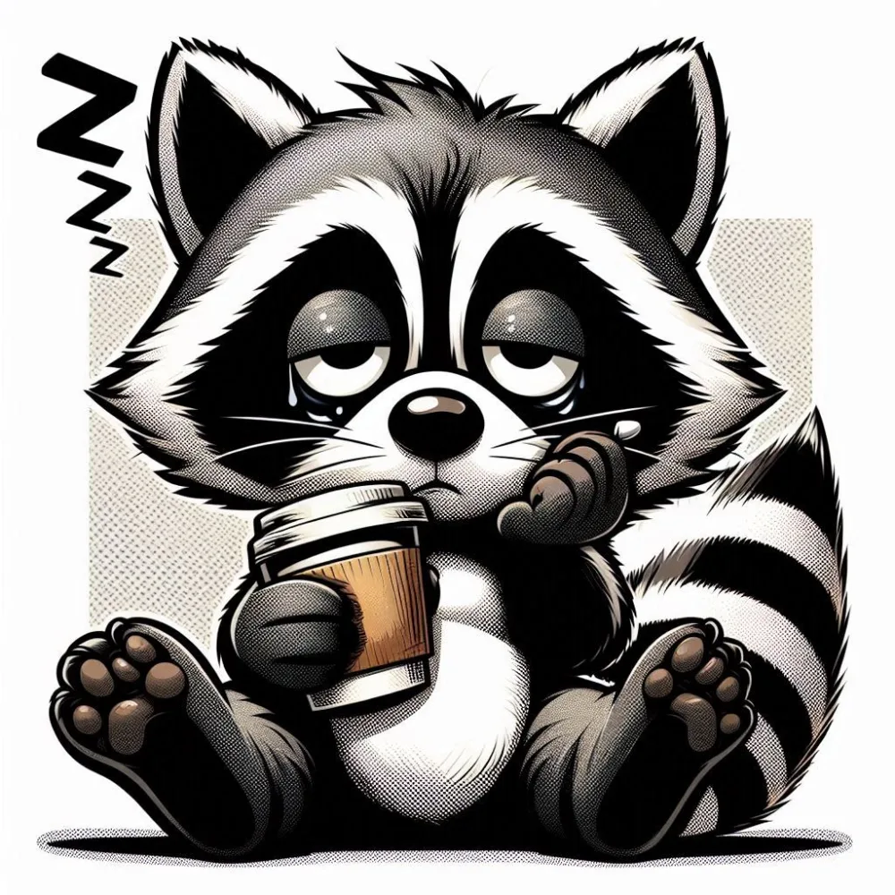 Tired Cartoon Raccoon Drinking Coffee