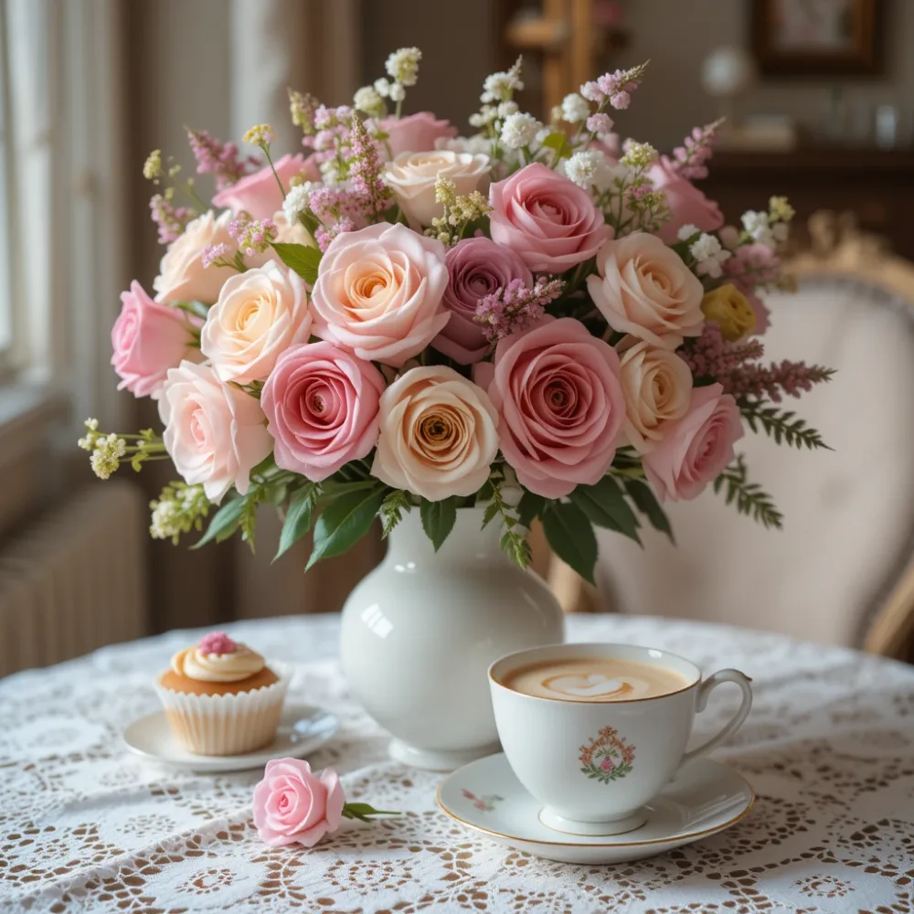Elegant Pink and Cream Rose Bouquet with Coffee and Cupcake on Lace Tablecloth
