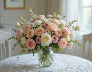Bouquet of Pink and White Roses in Glass Vase on Lace Tablecloth