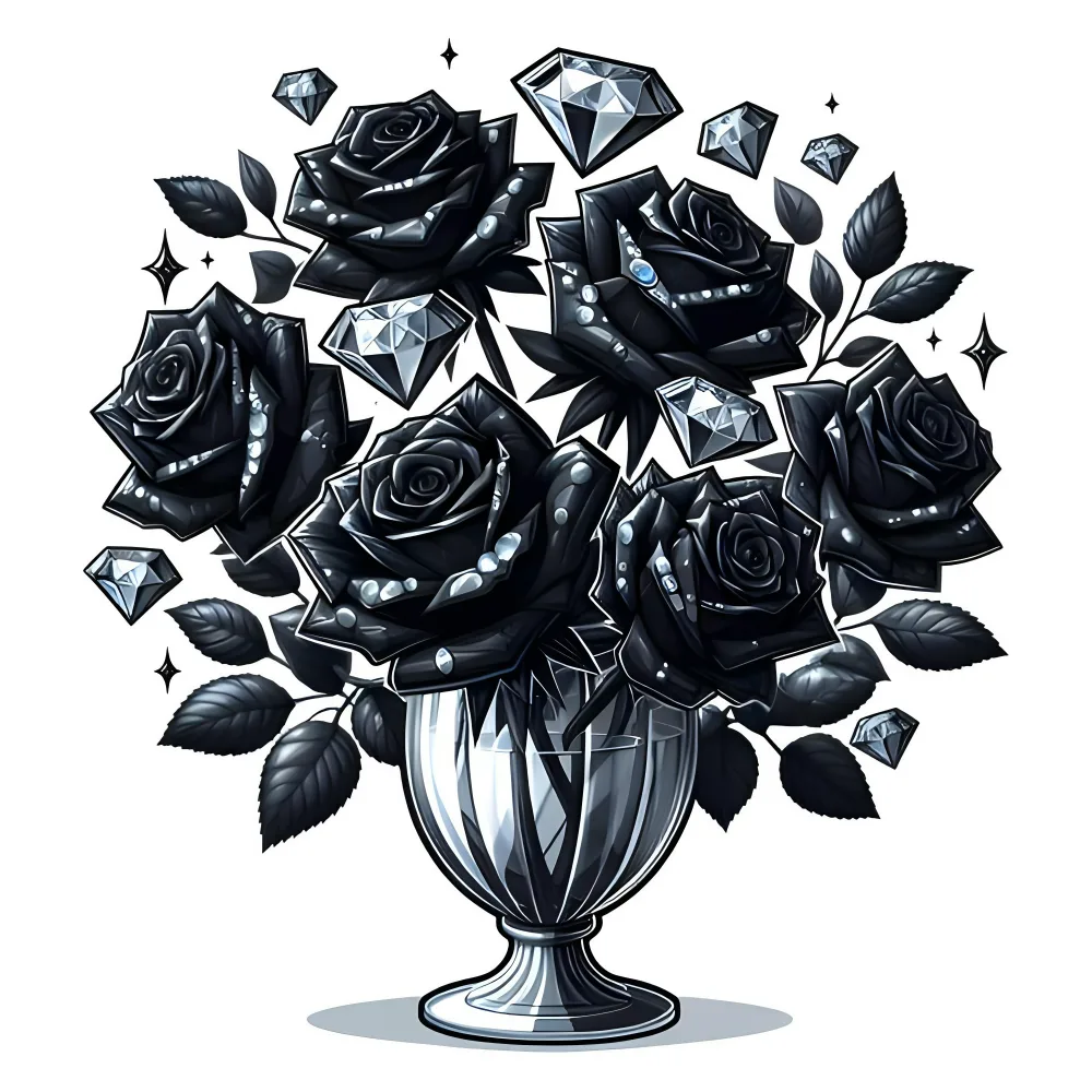 Black Roses Bouquet with Floating Diamonds Illustration