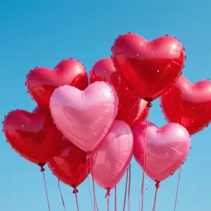 Heart-Shaped Red and Pink Balloons Against Blue Sky