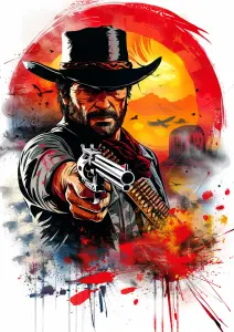 Illustration of a Cowboy Pointing a Revolver in a Western Sunset Scene