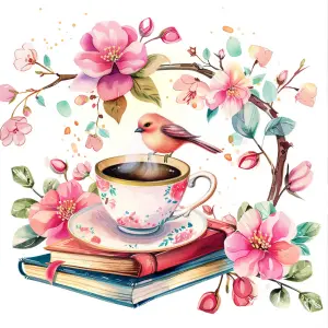 Vintage Tea Cup with Bird, Books, and Pink Floral Arrangement