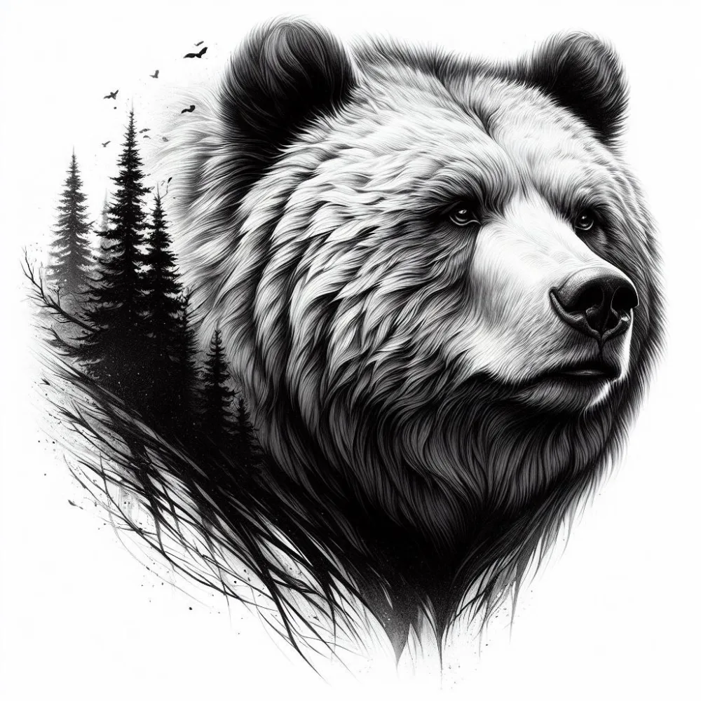Artistic Black and White Illustration of Bear with Forest Silhouette