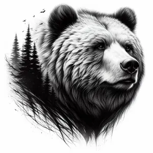 Artistic Black and White Illustration of Bear with Forest Silhouette