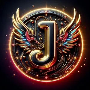 Ornate Golden Letter J with Colorful Wings and Glowing Effects