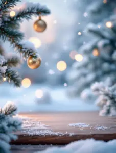 Winter Christmas Ornaments on Snowy Pine Branches with Wooden Surface