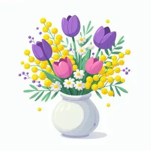 Bouquet of Purple Tulips, Pink Flowers, and Yellow Berries in White Vase