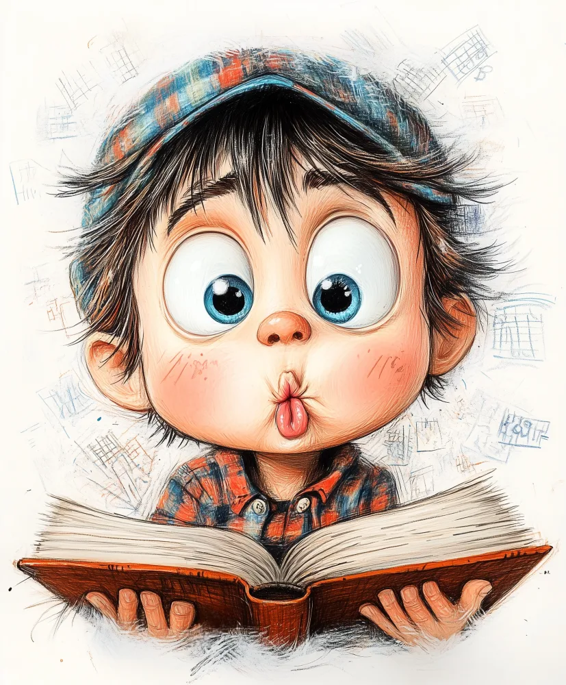 Cartoon Boy with Big Eyes Reading a Book