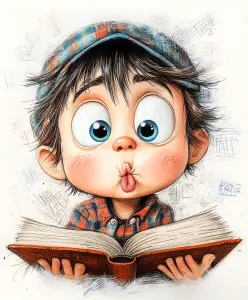 Cartoon Boy with Big Eyes Reading a Book
