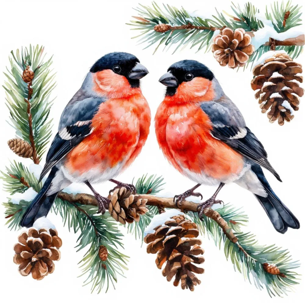 Two Bullfinch Birds on Snowy Pine Branch with Pine Cones