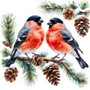 Two Bullfinch Birds on Snowy Pine Branch with Pine Cones