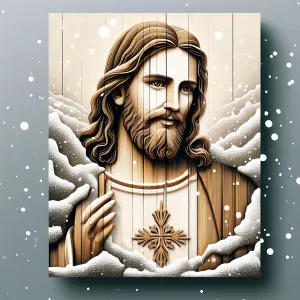 Wooden Carving Portrait of Jesus Christ with Snow Effect