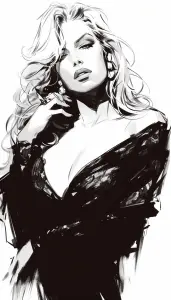Black and White Illustration of a Woman in a Glamorous Dress