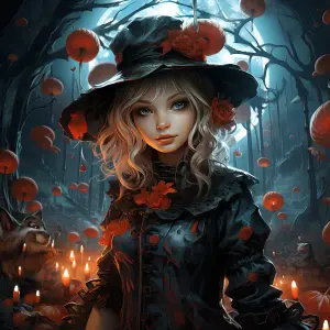 Young Witch in Enchanted Pumpkin Forest at Night