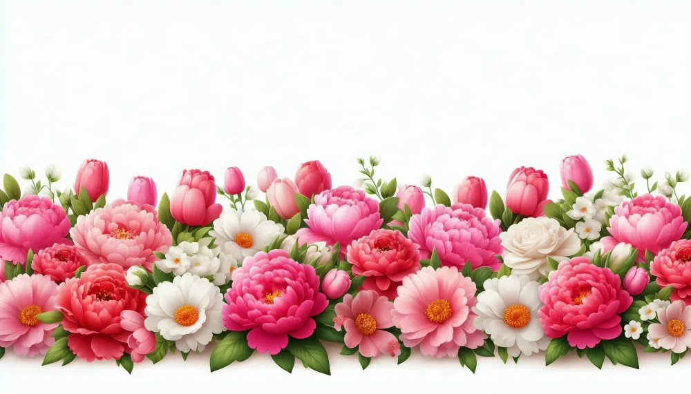 Border of Pink and White Spring Flowers with Green Leaves