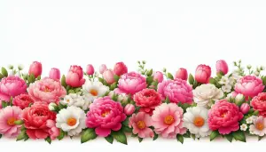 Border of Pink and White Spring Flowers with Green Leaves