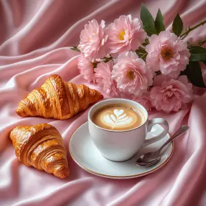 Breakfast with Coffee, Croissants, and Pink Flowers on Satin