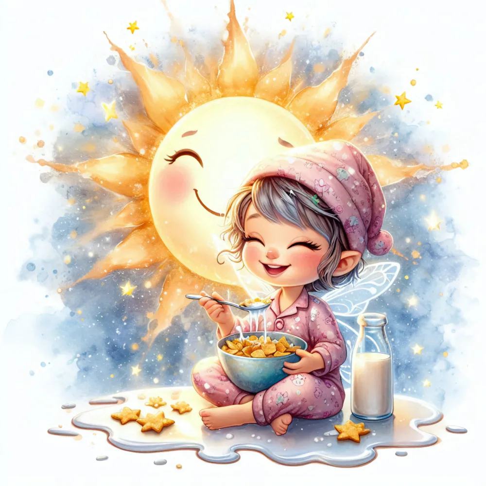 Fairy Child Eating Cereal with Smiling Sun in Background