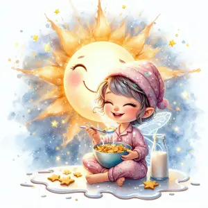 Fairy Child Eating Cereal with Smiling Sun in Background
