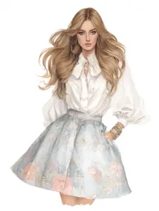 Fashion Illustration of Woman in White Blouse and Floral Skirt