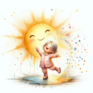 Joyful Child Dancing with Smiling Sun in Starry Splash