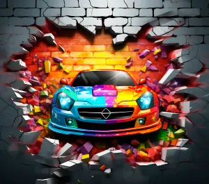 Colorful Sports Car Breaking Through Brick Wall