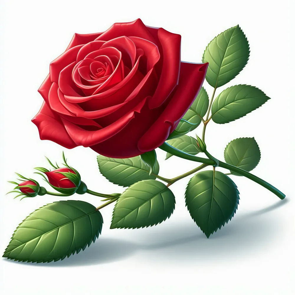 Close-up of a red rose with buds and green leaves