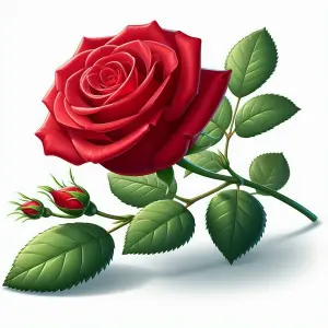 Close-up of a red rose with buds and green leaves