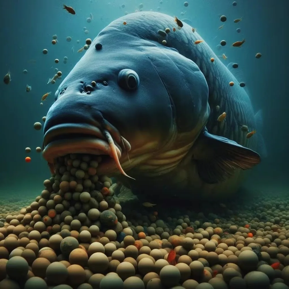 Large Carp Fish Underwater Among Spherical Pellets