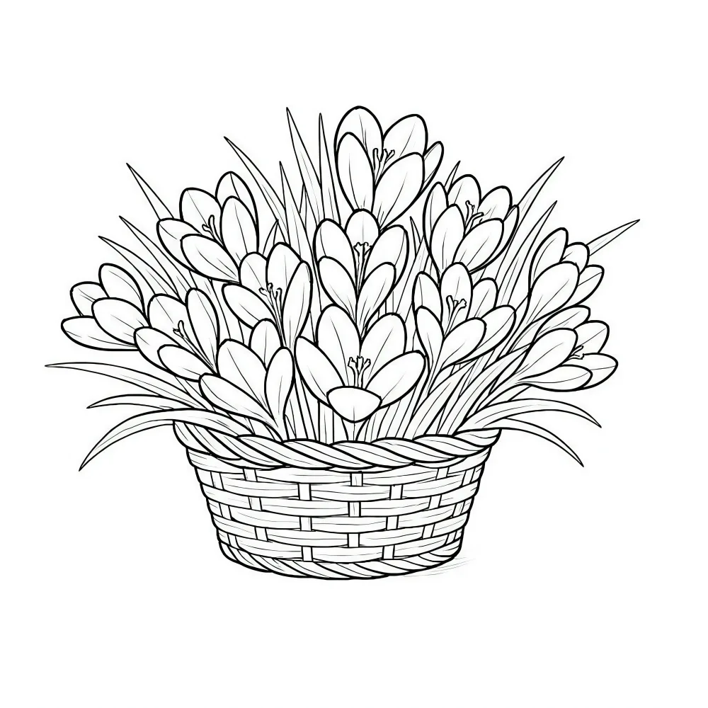 Black and White Outline of Crocus Flowers in Woven Basket