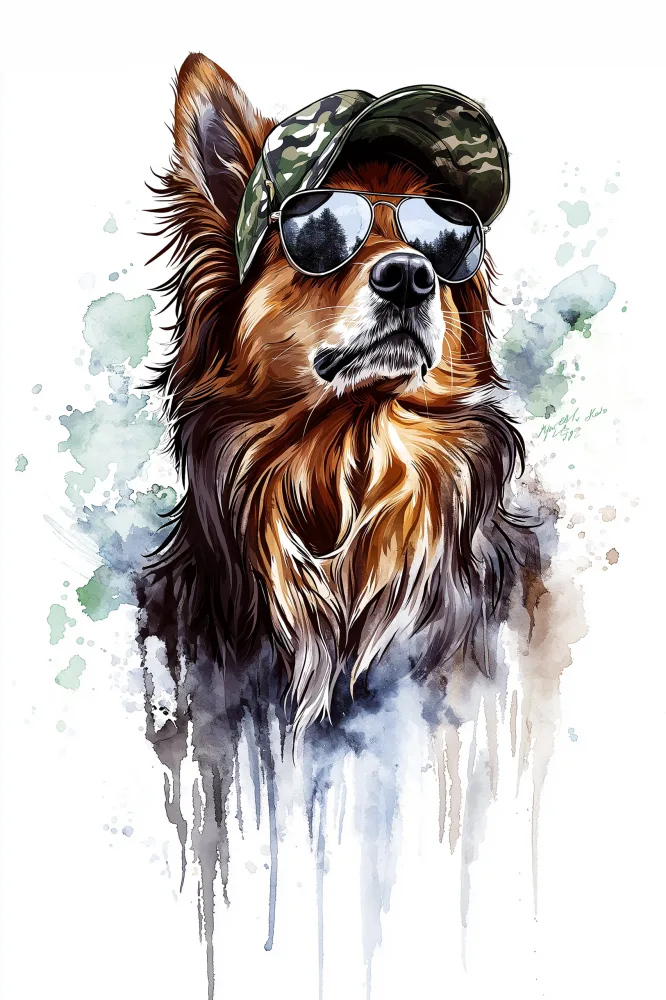 Cool Dog Wearing Camouflage Cap and Sunglasses