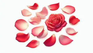 Red Rose with Scattered Rose Petals on White Background